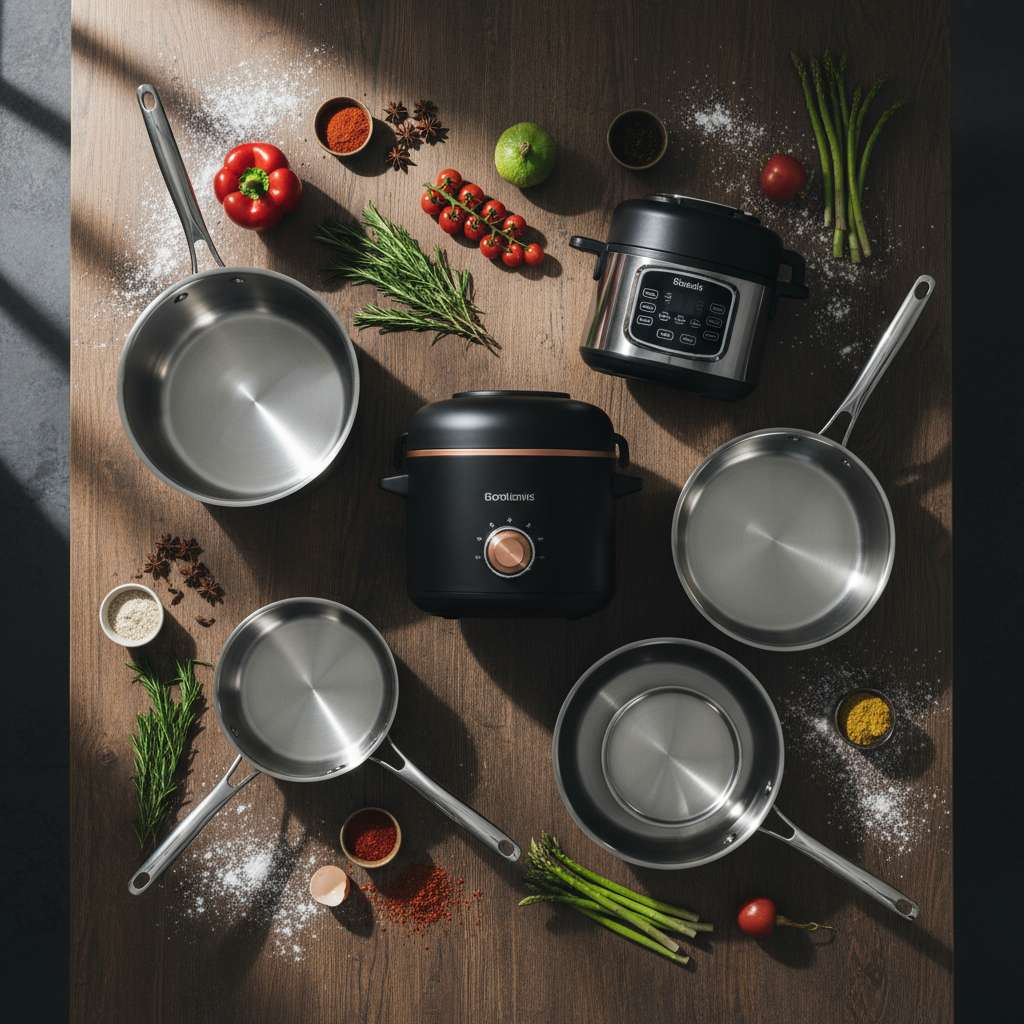 Modern kitchen and cooking utensils including stainless steel pans, a multi-cooker, and a compact electric cooker arranged on a wooden countertop
